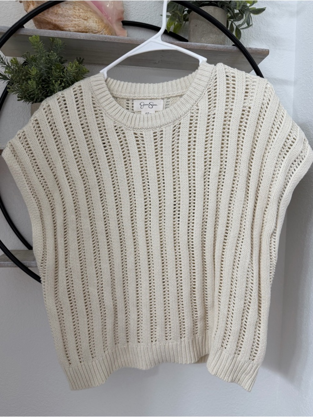 Jessica Simpson Cream Open-Knit Crewneck Sweater Vest